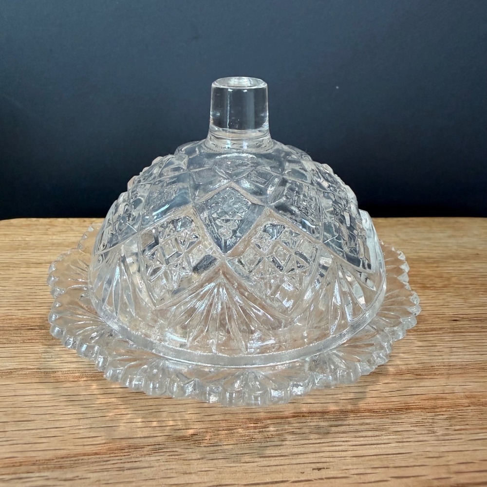 Vintage Miniature Clear Pressed Glass Covered Butter Pat Dish Diamond & Sunburst
